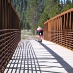 A road bike rider turned from Sawmill Road onto the bridge headed toward Meyers.