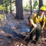 A Forest Service firefighter puts out the fire.
