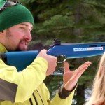 Nathan Hoffman learns how to shoot the rifle for biathlon competition. Photos/Kathryn Reed