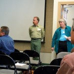 Rick Hopson and Sue Rodman of the Forest Service listen to questions April 30 about the Kirkwood-PG&E project. Photos/Kathryn Reed