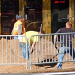 Crews work on the sidewalk in front of Harveys. Photo/LTN