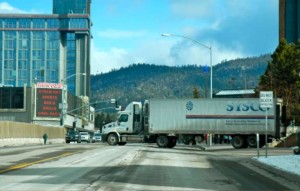 A delivery truck needs all five lanes of Highway 50 to get to Embassy Suites South Lake Tahoe. Photo/Kathryn Reed