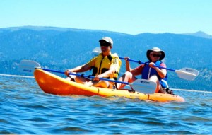 Roni Davis and Brenda Knox on June 8 paddle along Lake Tahoe. Photo/Kathryn Reed