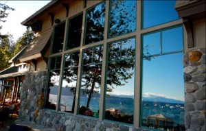 Lake Tahoe reflected in the windows of Lone Eagle Grill in Incline. Photos/Kathryn Reed