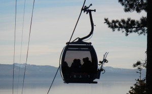 Skiers ride the Heavenly gondola at the end of the day.