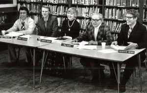 “First Board” is the very first Board of Trustees, voted in on March 5, 1974. Caption should read: from left to right, William Conlon, Rev. Donald Swanson, President Roberta Mason, Dr. Will Cluff, and Dr. Fritz Wenck. So Roberta was our very first Board president, and she was sworn in as Board president once again for this year. Photos/LTCC