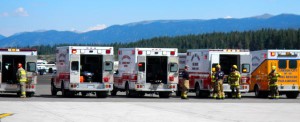 Ambulances are ready to whisk patients to Barton Memorial Hospital.