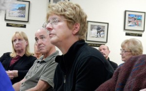 Theresa Brown voices frustration with Lukins water service on Oct. 28 as others listen. Photo/Kathryn Reed