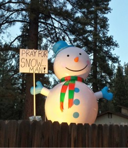 The only snowmen in Tahoe right now are inflatable, like this one at Tulare Avenue and Highway 50 in South Lake Tahoe. Photo/Toogee Sielsch