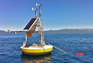 A combination of satellite data and ground measurements, such as from instrumented buoys like this one in Lake Tahoe on the California/Nevada border, were used to provide a comprehensive view of changing lake temperatures worldwide. The buoy measures the water temperature from above and below. Photo/Limnotech