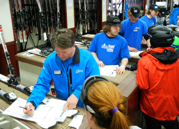 Mark Reeves, front, likes working along side his staff in the ski rental shop at Sierra-at-Tahoe. Photo/Kathryn Reed