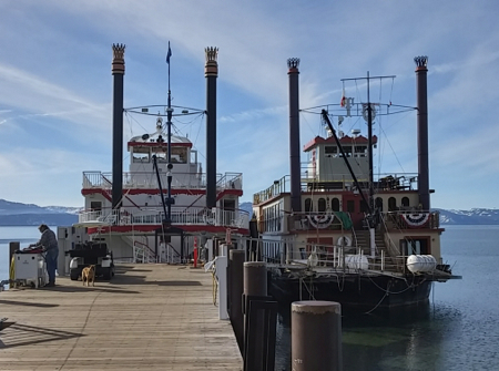 The former competitors now are moored side-by-side at Zephyr Cove while the lake water level is low and the Tahoe Queen is being updated. Photo/Bill Kingman