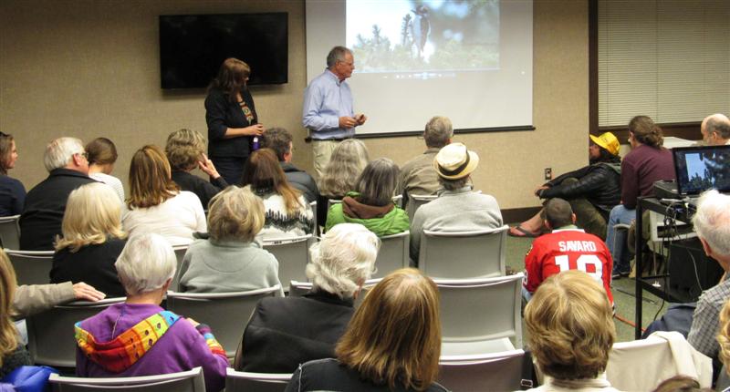 It was standing room only April 13 as South Lake Tahoe birders Bob and Jenny Sweatt regaled the audience about their year of documenting every species they saw in the basin. One man came from Santa Rosa to hear the presentation that was sponsored by the Friends of the Library. Photo/Denise Haerr