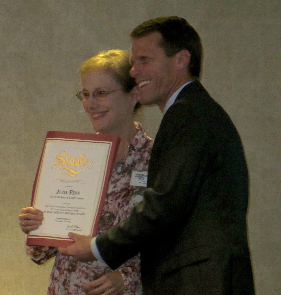 State Sen. Ted Gaines with Judy Finn the night she was awarded 2012 Tahoe Chamber Blue Ribbon Award for Public Service from Ted Gaines.