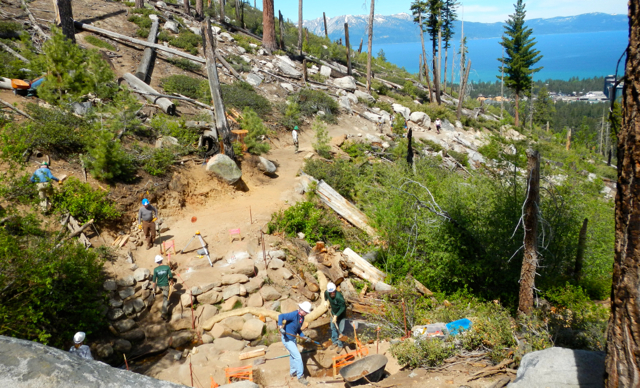 Tahoe Rim Trail volunteers prep the site for a bridge in Van Sickle Bi-State Park. Photo/Kathryn Reed