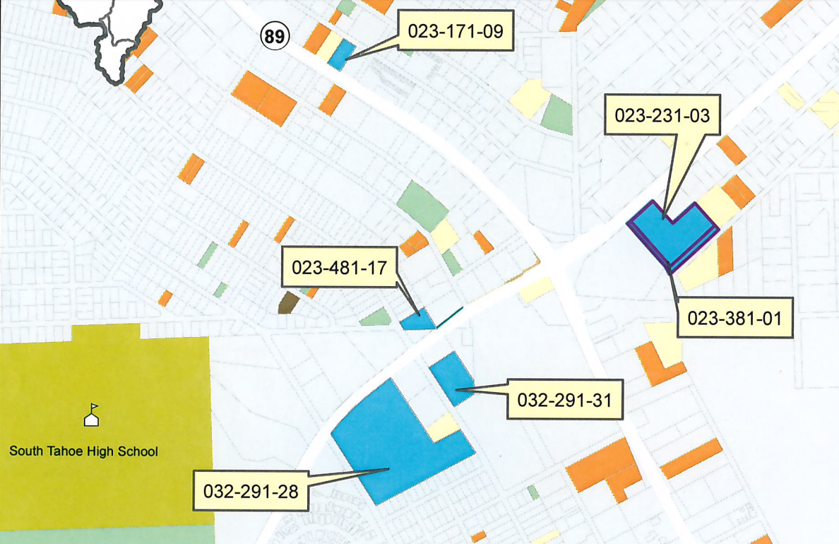 Parcels in blue are set to be sold by the California Tahoe Conservancy, with two approved for pre-sale and four to be voted on by the board next month. Map/CTC