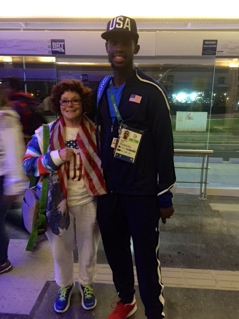 Louise Feller with Jarrion Lawson of the U.S. who placed fourth in the long jump.