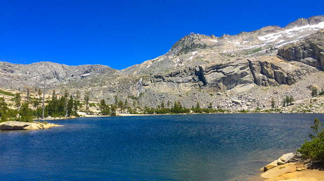 A waterfall descends from the far side of Twin Lakes.  Photo/Kathryn Reed 