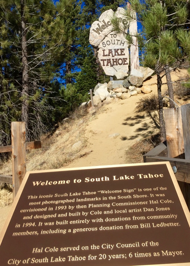 A plaque near the South Lake Tahoe welcome sign pays tribute to Hal Cole. Photo/LTN