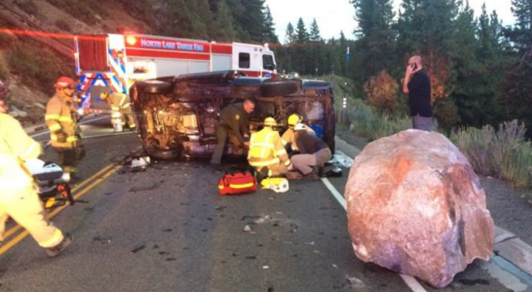 Boulder hits vehicle on Hwy. 28, 1 injury